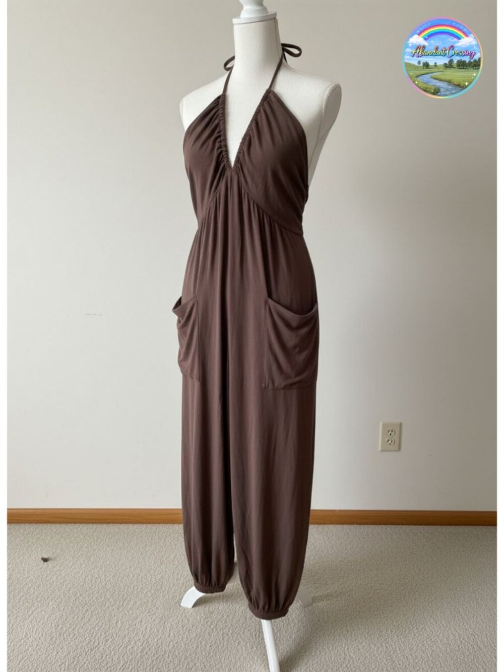 CUPSHE Women's Halter V Neck Wide Leg Maxi Jumpsuit with Pockets Sleeveless